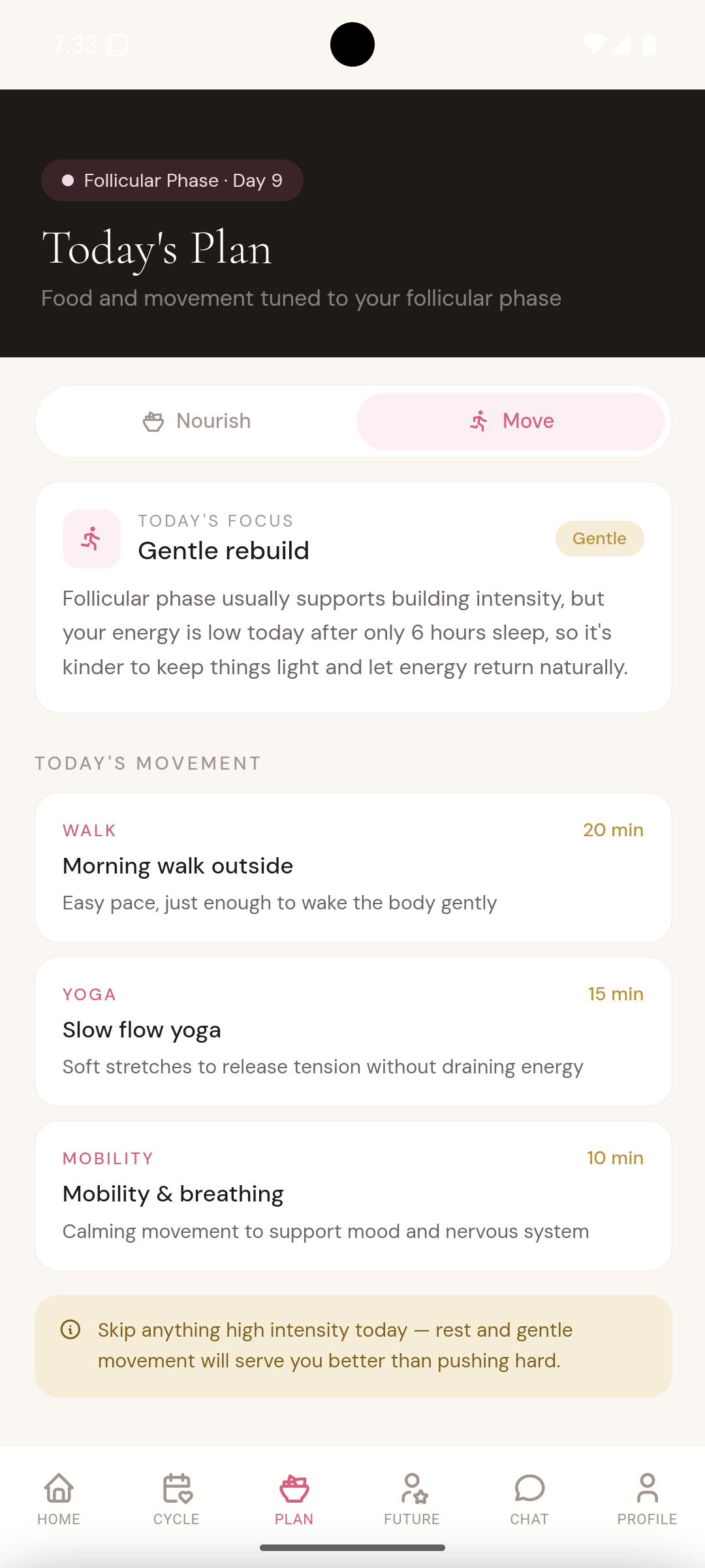 Future Her app daily plan screen showing personalised movement recommendations